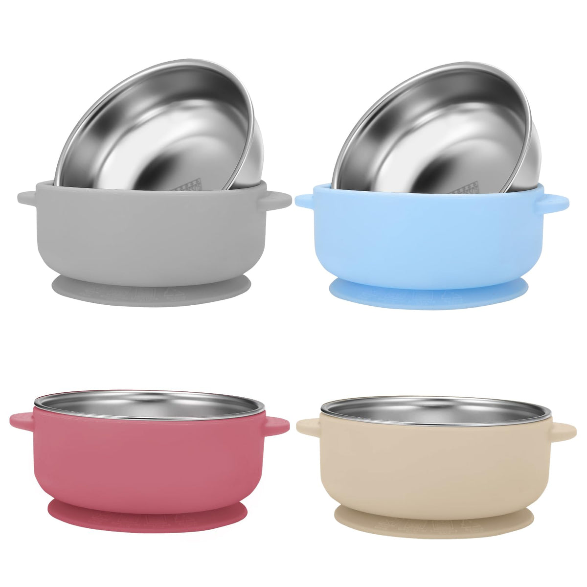 Wesketch - Juego de 4 cuencos de acero inoxidable con carcasa de succión de silicona antideslizante extraíble, contenedor de alimentos antiescaldados para alimentación de alimentos de bebé, azul cielo