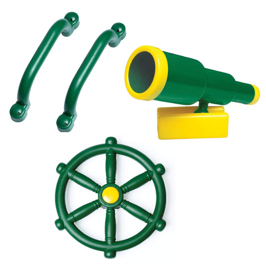 Accesorios para patio de juegos al aire última intervensión para niños, telescopio pirata, volante, barras de mango de seguridad verde, equipo de parque infantil, patio trasero, casa de juegos, gimnasio de la selva, columpio, barco pirata