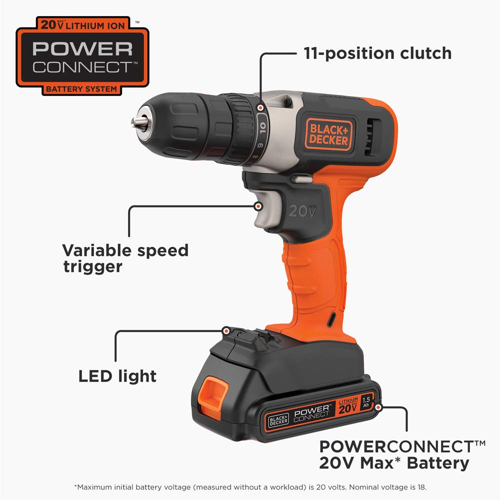 BLACK+DECKER BCD702C1 Taladro inalámbrico de litio de 20 voltios máx.
