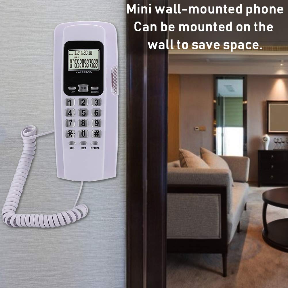 Ymiko T555 Mini teléfono montado en la Pared Identificador de Llamadas Teléfono con Pantalla LCD Luz de Fondo para la Oficina del Hotel(Blanco)