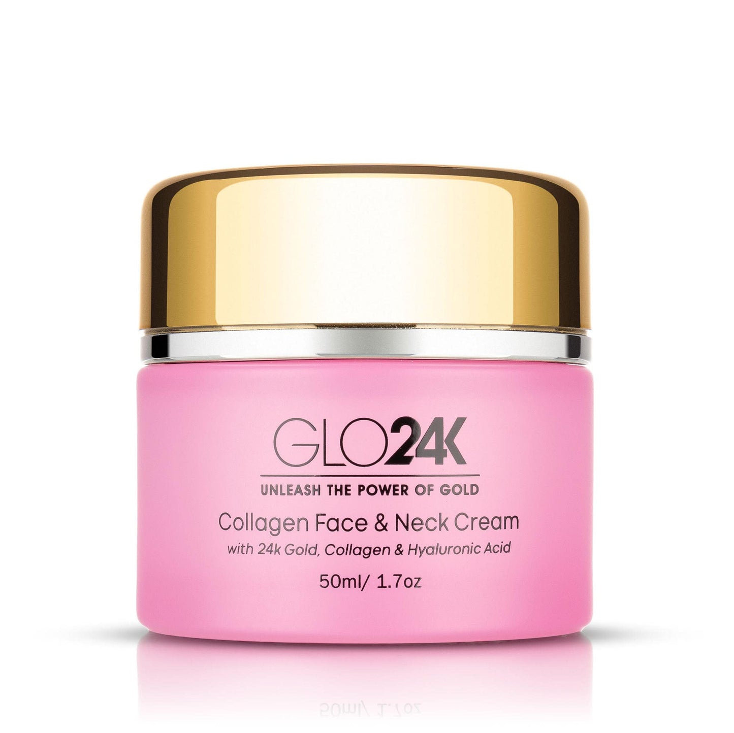 Crema de colágeno para rostro y cuello GLO24K con oro de 24k, colágeno y ácido hialurónico. Aumente los niveles de colágeno de su piel para una piel radiante y resplandeciente.