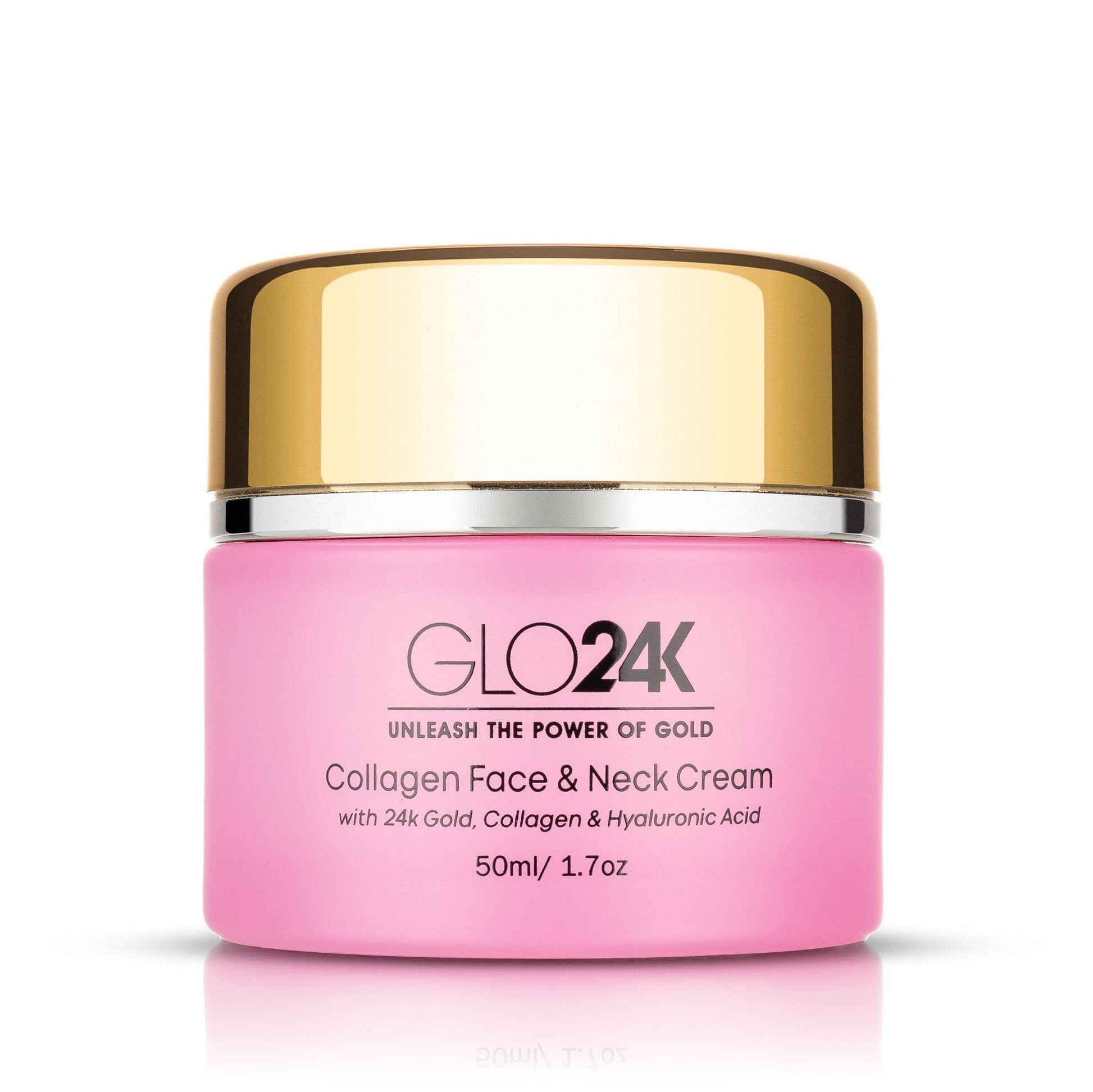 Crema de colágeno para rostro y cuello GLO24K con oro de 24k, colágeno y ácido hialurónico. Aumente los niveles de colágeno de su piel para una piel radiante y resplandeciente.