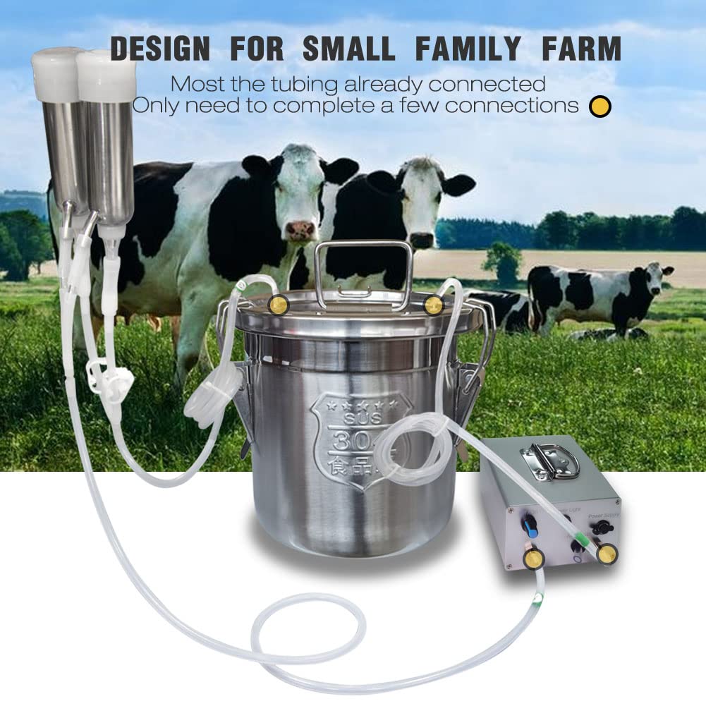 Hantop - Máquina de ordeño de vaca de 12 L, alimentada con enchufe, bomba de aspiradora pulsante de velocidad ajustable, cubeta de leche de acero inoxidable 304 de grado alimenticio, válvula de