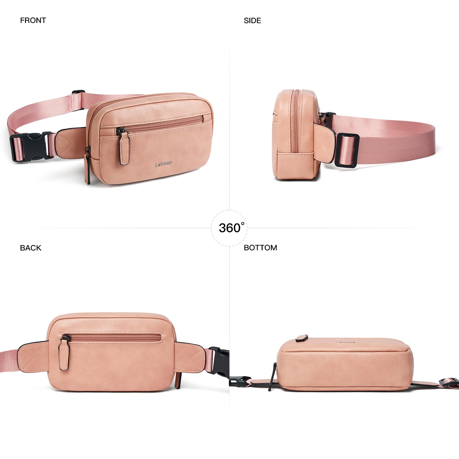 LATMAP - Riñonera de 2 L para todas partes, pequeña y a la moda, bandolera de piel sintética, impermeable, para mujer, a la moda, Rosado, 7.87 inches