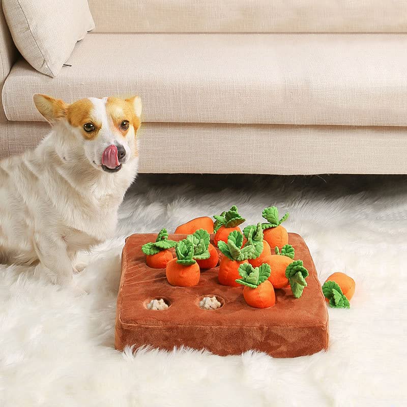 Juguetes de peluche para perros de 13.7 x 13.7 pulgadas, alfombras de juguete de zanahoria, juguetes interactivos para perros, juguetes para masticar con 12 zanahorias de felpa para perros pequeños, alivio del estrés