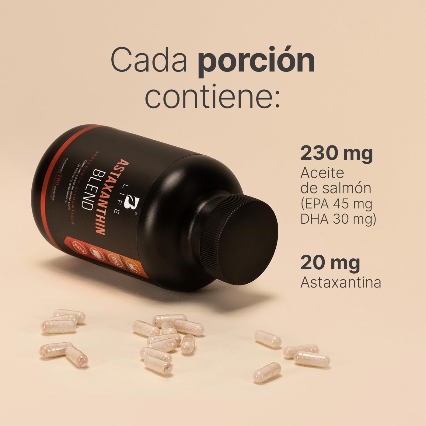 B Life Astaxantina | 180 Cápsulas | 250 mg por porción | Adicionado con Aceite Puro de Salmón Omega 3 | Ingredientes naturales | Astaxanthin Blend.