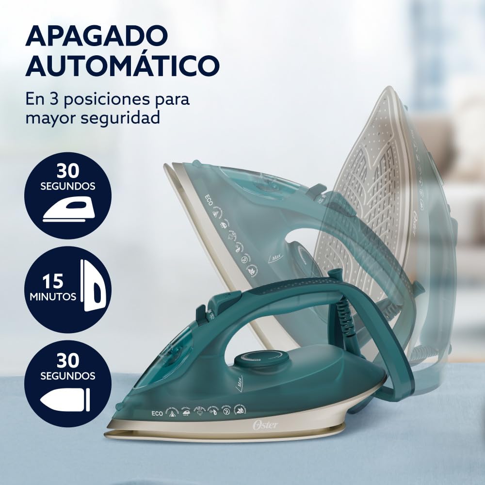 Oster Plancha de Vapor, AeroGlide Max S7800, con Golpe de Vapor 200 g/min, Recubrimiento Metálico Cerámico, Suela con más Cobertura, Aeroceramic, Eco, Apagado Automático, Verde Oscuro, GCSTAC7802-013