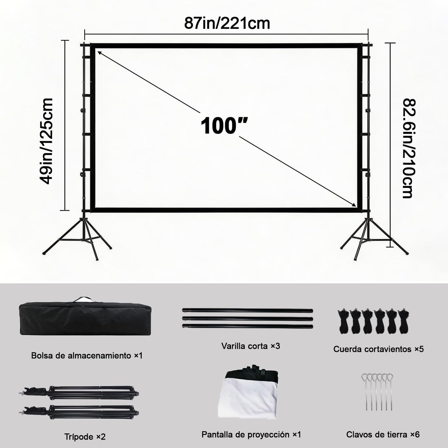 ZVXCABV Pantalla de Proyector Portátil de 100 Pulgadas, Pantalla de proyección con Soporte, 16：9, 4K HD Resistente a Las Arrugas Pantalla, Sistemas para Exteriores, Interiores y Cine en casa