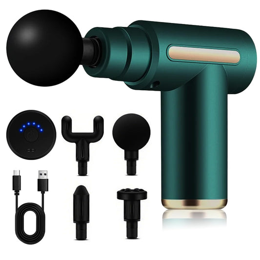 Pistola de Masaje Muscular con 4 Cabezas, Masajeador Portatil Muscular Mini Masajeador de Tejido Profundo Ajustables Massage Gun, Masaje Profesional Para Musculos, Ligamentos y Tejidos, Carga USB(Verde)
