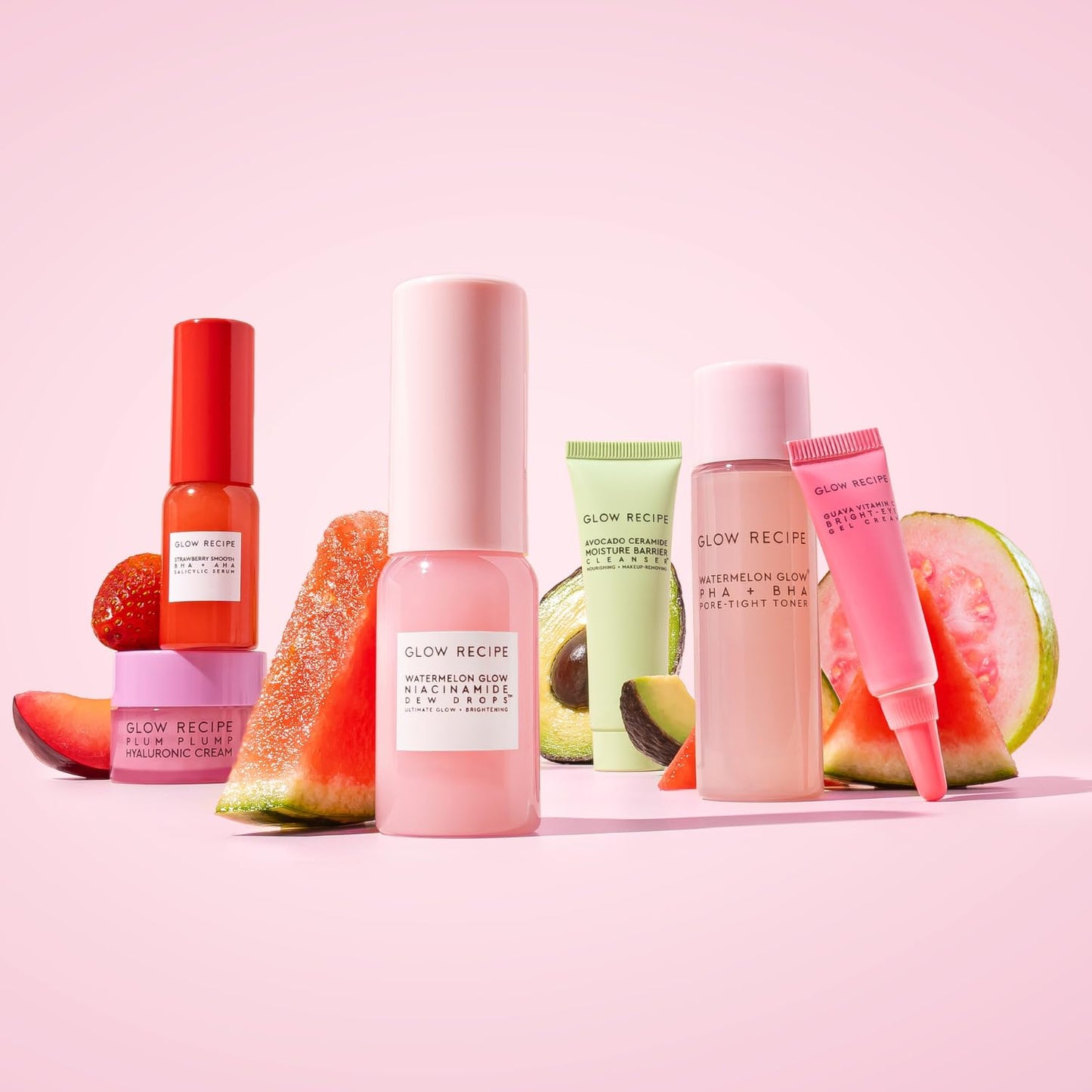 Glow Recipe Fruit Babies | Watermelon Glow Niacinamide Dew Drops 15ml, Avocado Ceramide Moisture Barrier 20ml, Watermelon Glow PHA + BHA Pore-Tight Toner 25ml, Guava Vitamin C Bright-Eye Gel Cream 3ml, Strawberry Smooth BHA + PHA Salicylic Serum 10ml, Plu