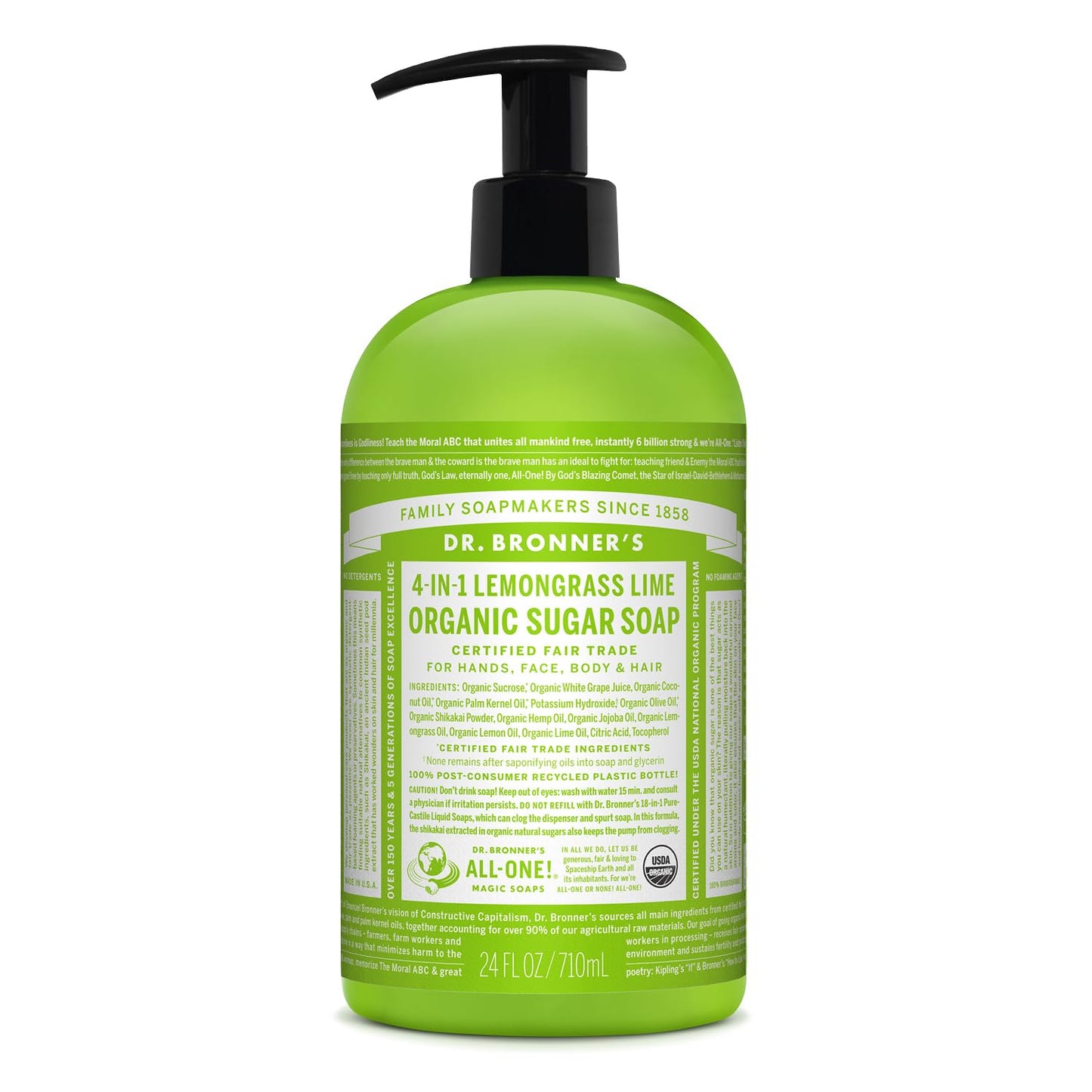 Dr. Bronner's | Jabón líquido de azúcar orgánico, hidratante y nutritivo, para manos, cuerpo, rostro y cabello; certificado vegano - Limoncillo, 710 ml