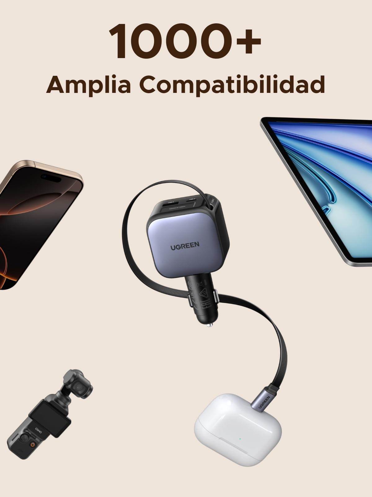 Cargador para Auto UGREEN Negro 3 en 1 60W Carga Rápida con Cable Retráctil USB C