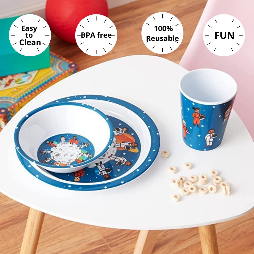 Colorfull Plates Juego de vajilla para niños, astronauta y temática espacial (plato de comida, cuenco y taza) regalo para niños y bebés