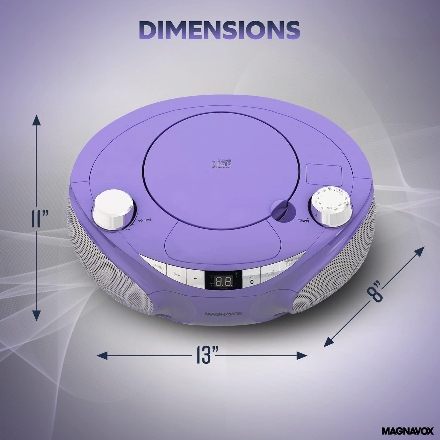 Magnavox MD6949-PL - Boombox portátil de carga superior con radio estéreo AM/FM y tecnología inalámbrica Bluetooth en color morado | Compatible con CD-R/CD-RW | visualización LED |