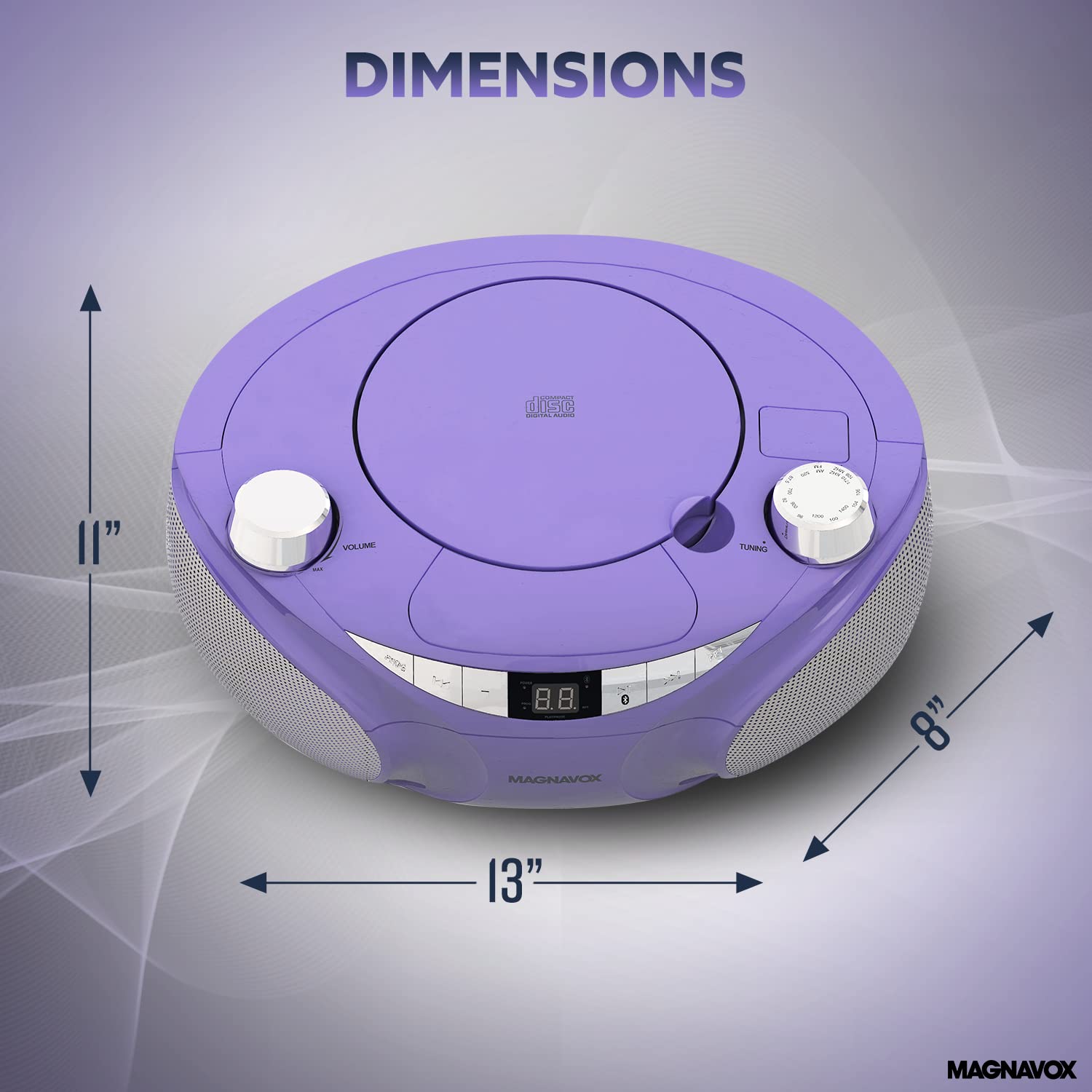 Magnavox MD6949-PL - Boombox portátil de carga superior con radio estéreo AM/FM y tecnología inalámbrica Bluetooth en color morado | Compatible con CD-R/CD-RW | visualización LED |