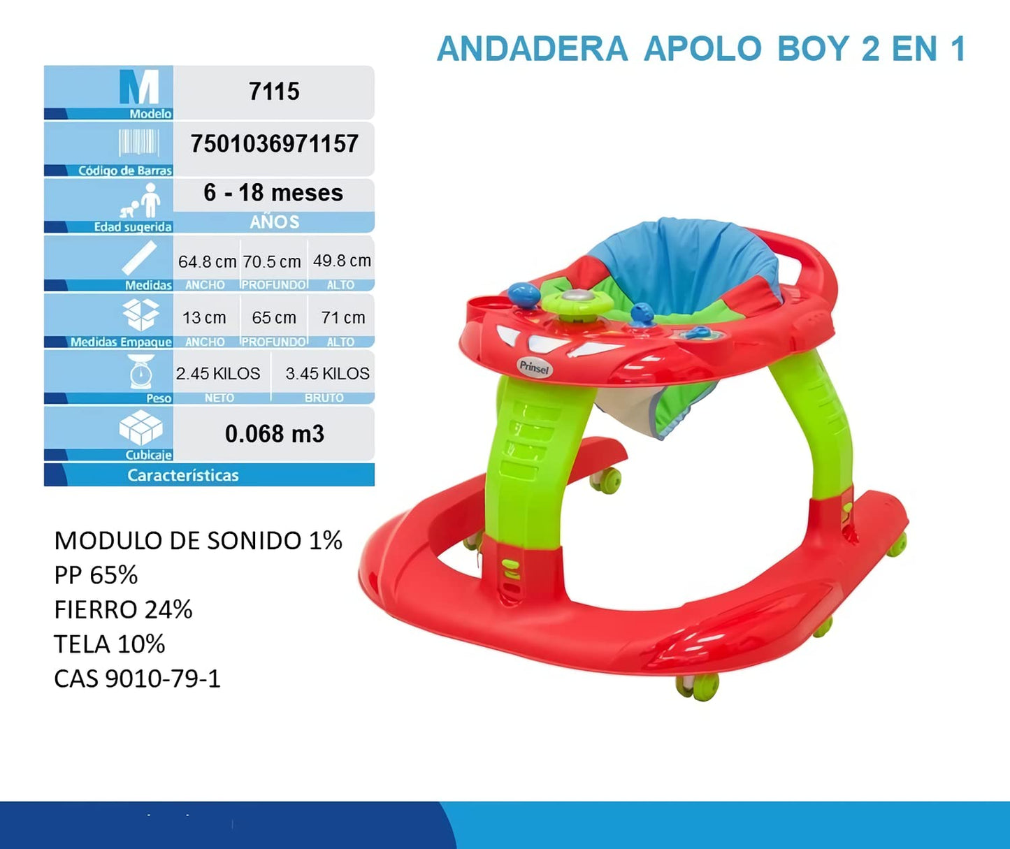 Prinsel 7115 Andadera Apolo Boy, Rojo,