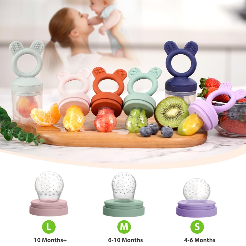 BESSENTIALS Comedero de frutas frescas Bessentials para bebés - Paquete de 2 comederos de malla de silicona para una alimentación segura | Incluye bolsitas de 3 tamaños | Apto para bebés de 4 meses o