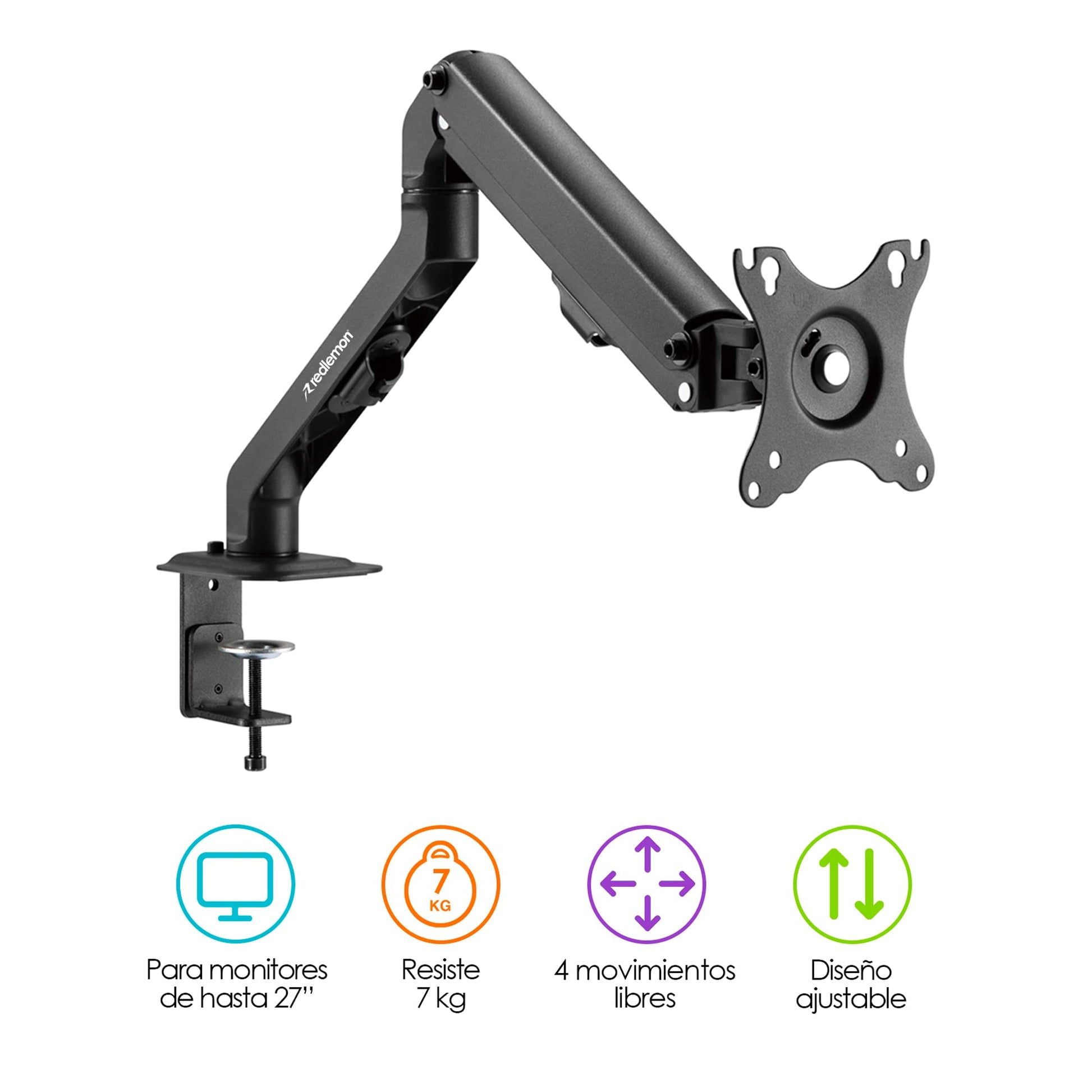 Soporte Hidráulico Redlemon Negro para Monitor de hasta 27 Pulgadas con Ajuste Multidireccional para Escritorio