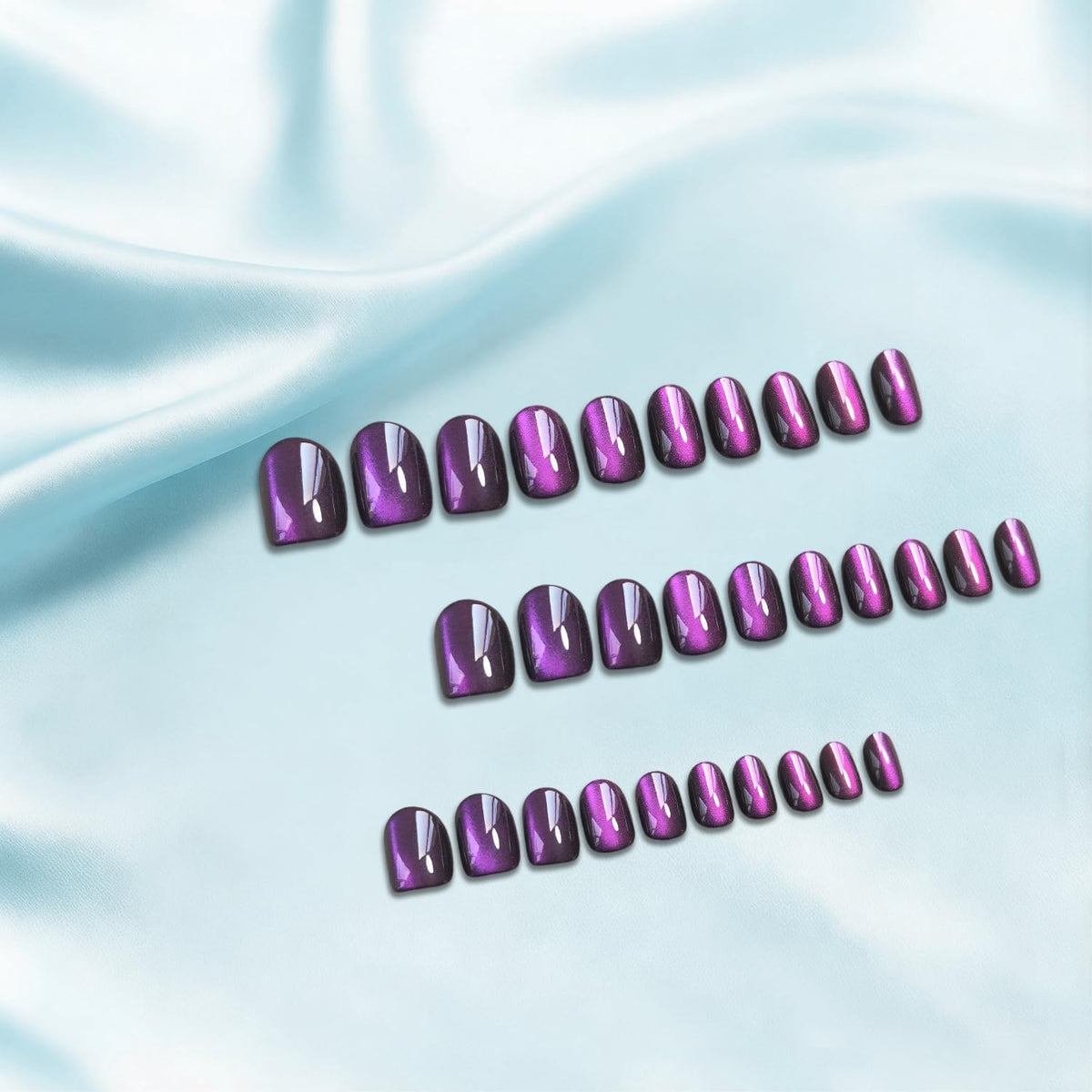 JOYVVEW Uñas postizas cortas con forma de ojo de gato - Uñas postizas ovaladas moradas y negras, uñas postizas almendradas glaseadas con acabado brillante, calidad resistente, reutilizables, brillante