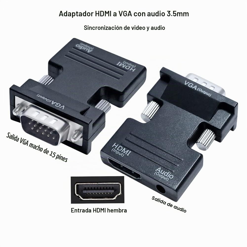 Adaptador HDMI a VGA DTECH Negro con Puerto de Audio para Monitor de Computadora, Proyector de PC, Video 1080P