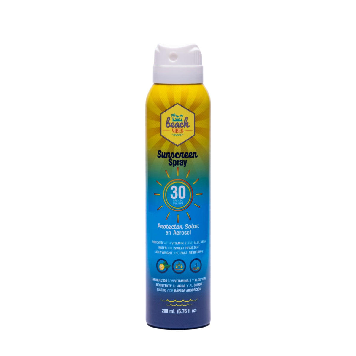 Beach Vibes - Protector Solar en Aerosol 30 FPS 200 ml. Fórmula enriquecida con Vitamina E, humectante, resistente al agua y al sudor, protege de los rayos UVA/UVB. Fácil aplicación, rápida absorción.