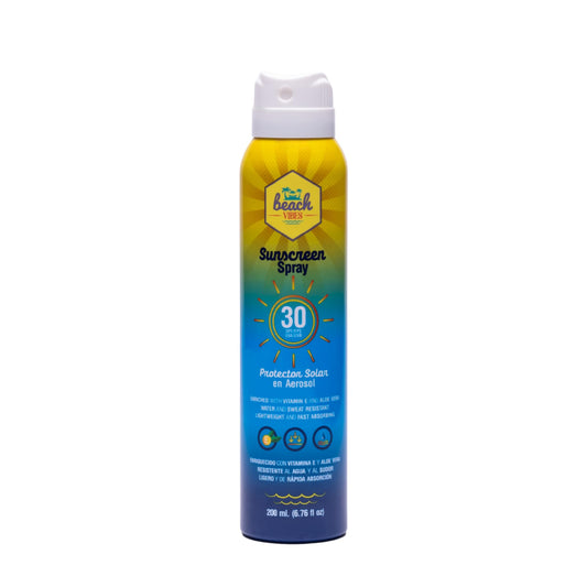 Protector Solar en Aerosol Beach Vibes 30 FPS Vitamina E Resistente al Agua y Sudor