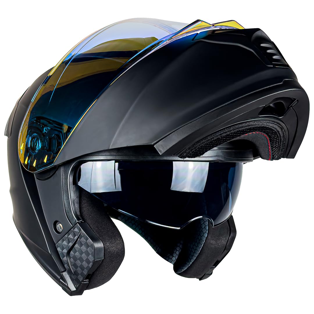 KOV Casco Thunder ABATIBLE Negro Mate para Moto Mica Dorada Certificado Dot (X-Large)