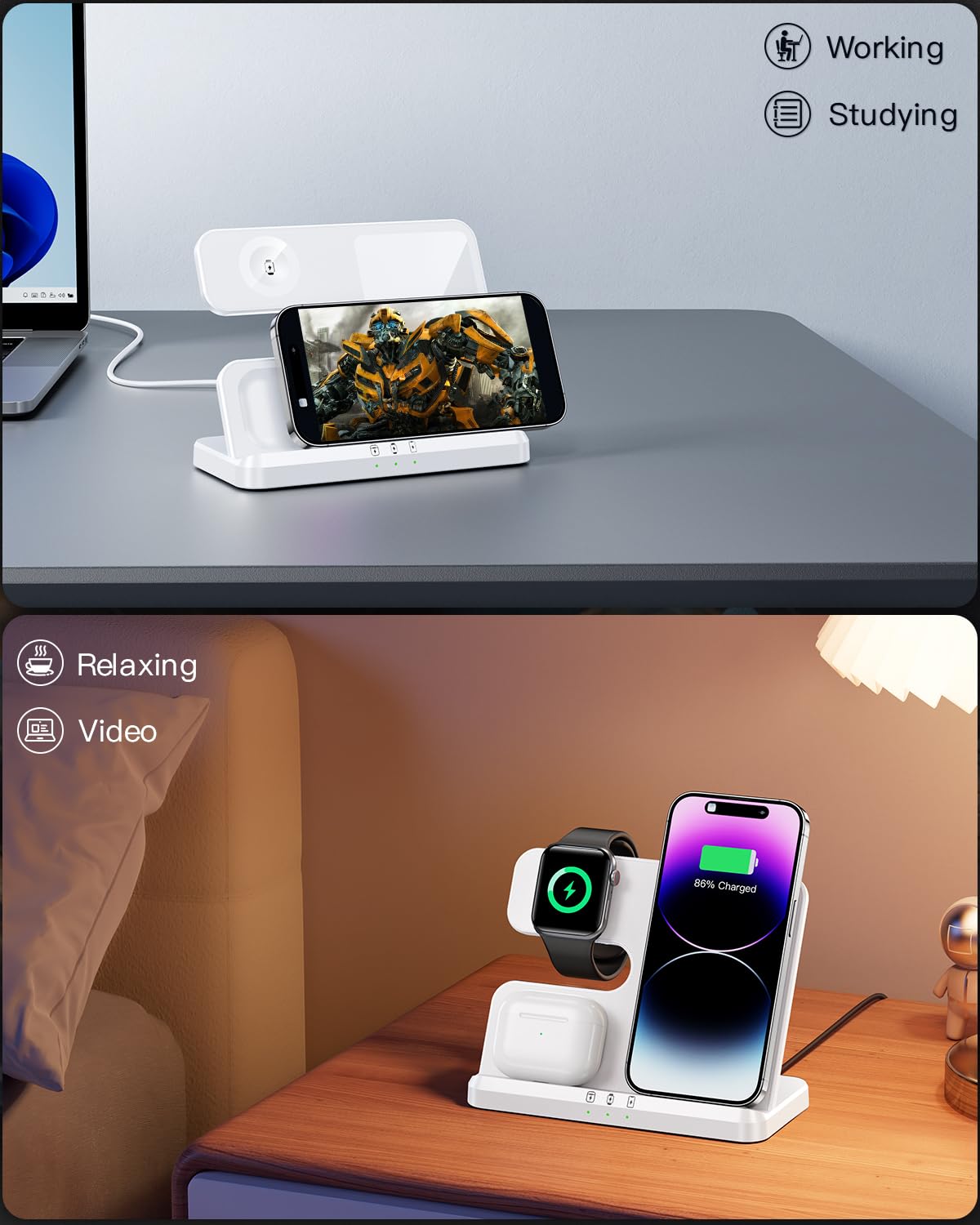 JARGOU - Estación de carga 3 en 1 para Apple, cargador inalámbrico para múltiples dispositivos, para iPhone 16, 15, 14, 13, 12, 11, serie 8, Apple Watch, AirPods 4, 3 Pro