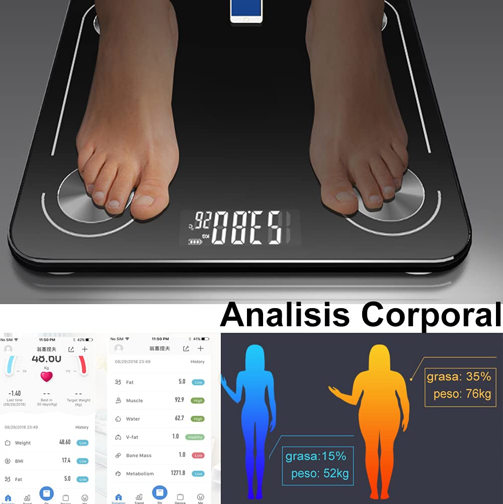 INGEQUIS Báscula Inteligente de Grasa Corporal, Balanza Digital Recargable USB para Detectar Datos de Salud, Medición Precisa con Vidrio Fino y Elegante, Transmisión via Bluetooth en APP Celular