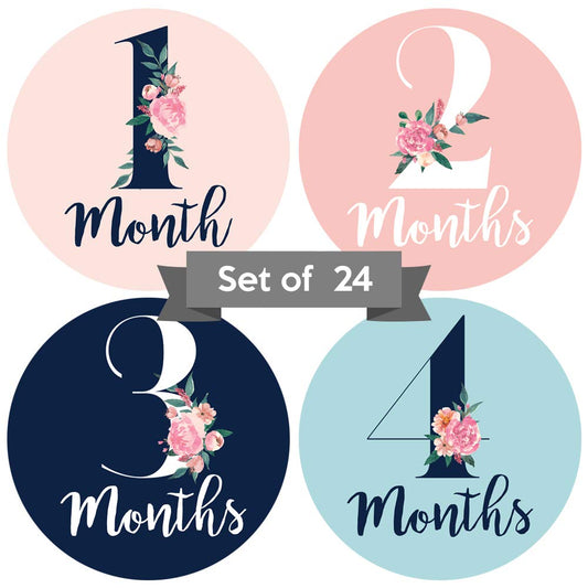 Pegatinas Mensuales para Bebé Niña, Diseño Floral Rosa Azul Marino Verde Azulado, Juego de 24 Unidades