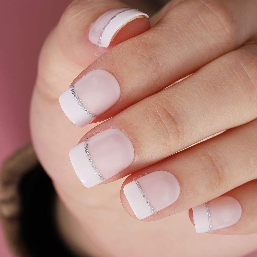 Chicque 24 uñas postizas cuadradas cortas con purpurina rosa brillante, cubierta completa, uñas falsas de boda para mujeres y niñas
