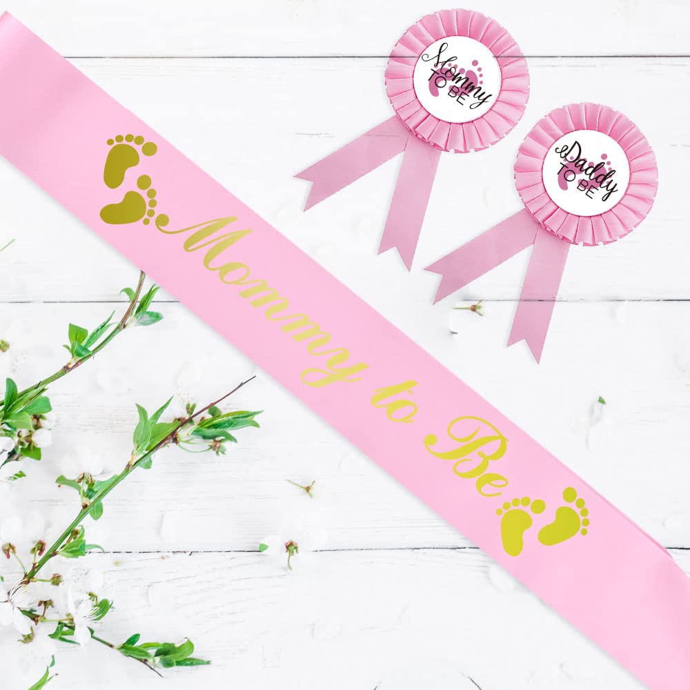 CoolerthingsDG, 3 unidades, insignia de papi to be & Mommy to be Hojalata rosa y una faja rosa para mamá a ser, con letras doradas, botón de baby shower, regalos para papá, regalo de género, para