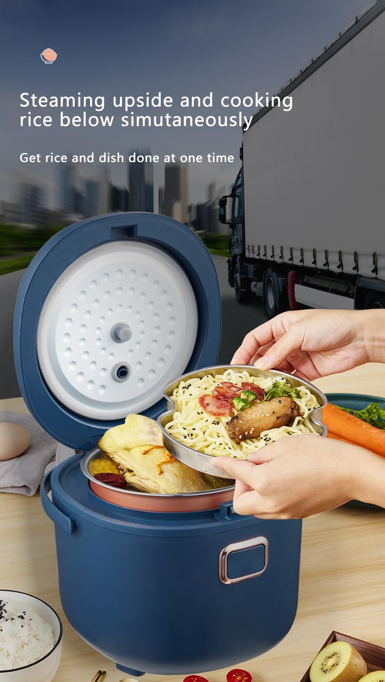 AMIEROUS Mini olla de arroz portátil de viaje, 2 l para coche/camión/hogar, 12 V/24 V/110 V con bandeja de vapor (azul)