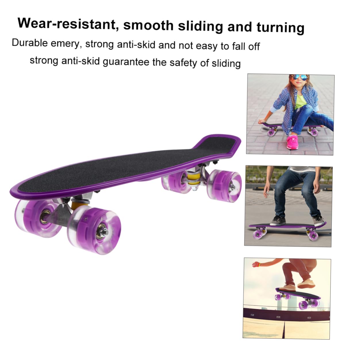 INOOMP - Monopatín esmerilado pequeño para peces retro, para adolescentes, principiantes, mini longboard, para exteriores, completos, juguetes flash, placa deslizante, color morado, para niños,