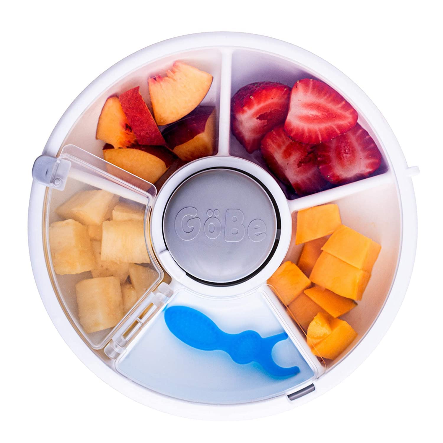 GoBe Kids - Paquete giratorio de aperitivos original con correa de mano y hoja adhesiva, contenedor reutilizable para aperitivos con dispensador de 5 compartimentos y tapa, sin BPA y PVC, apto para