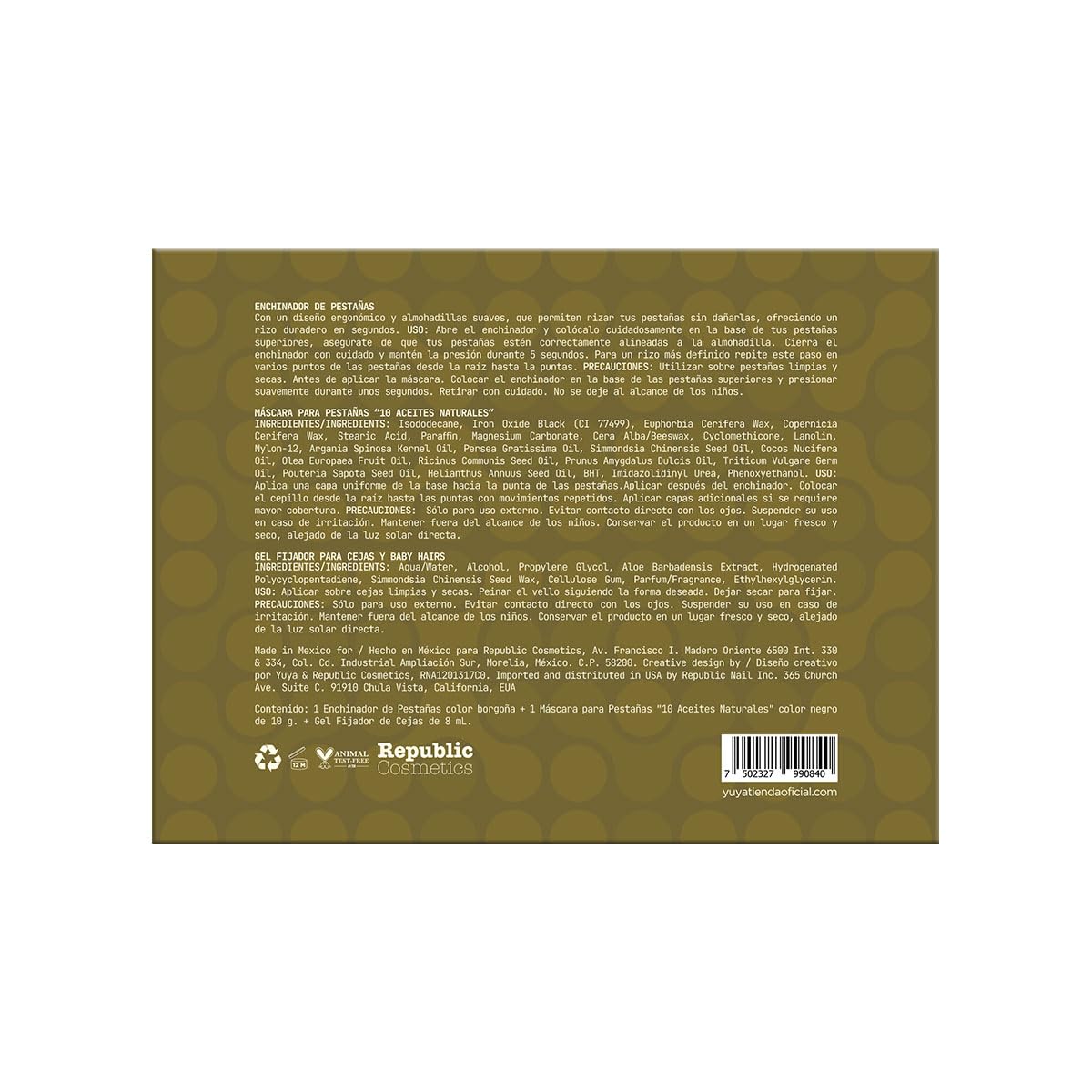 YUYA Tres en Loop Set Enchinador de Pestañas Borgoña + Máscara 10 Aceites Naturales Negra 10 g + Gel Fijador de Cejas 8 ml | Pestañas Largas, Curvatura Natural, Volumen y Definición | Fijación de Cejas y Baby Hairs con Acabado Natural