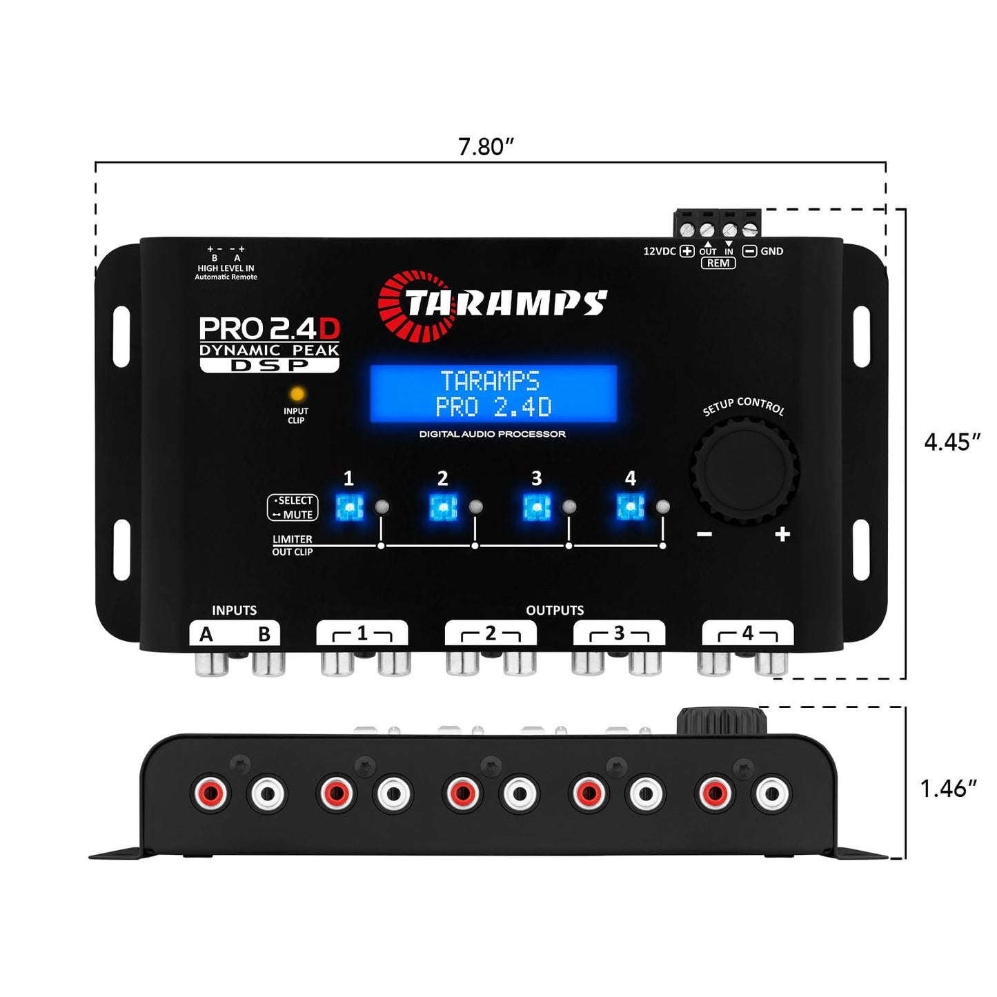 Taramps Pro 2.4D Dynamic Peak DSP Crossover Procesador y ecualizador de audio de coche de señal digital completa, entrada RCA y de alto nivel, salida de 4 canales, entrada de 5 bandas, Eq 12