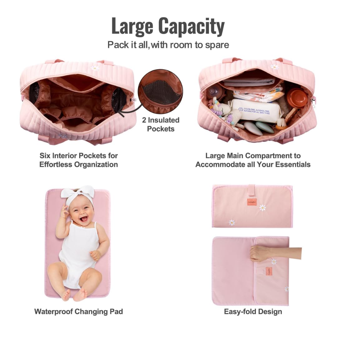 GOBABYMART - Juego de 3 bolsas de pañales, bolsa de hospital para trabajo y parto, bolsa de viaje de maternidad con cambiador y estuche para chupete, Medio - Flores rosadas, 15 inches x 12 inches x 6