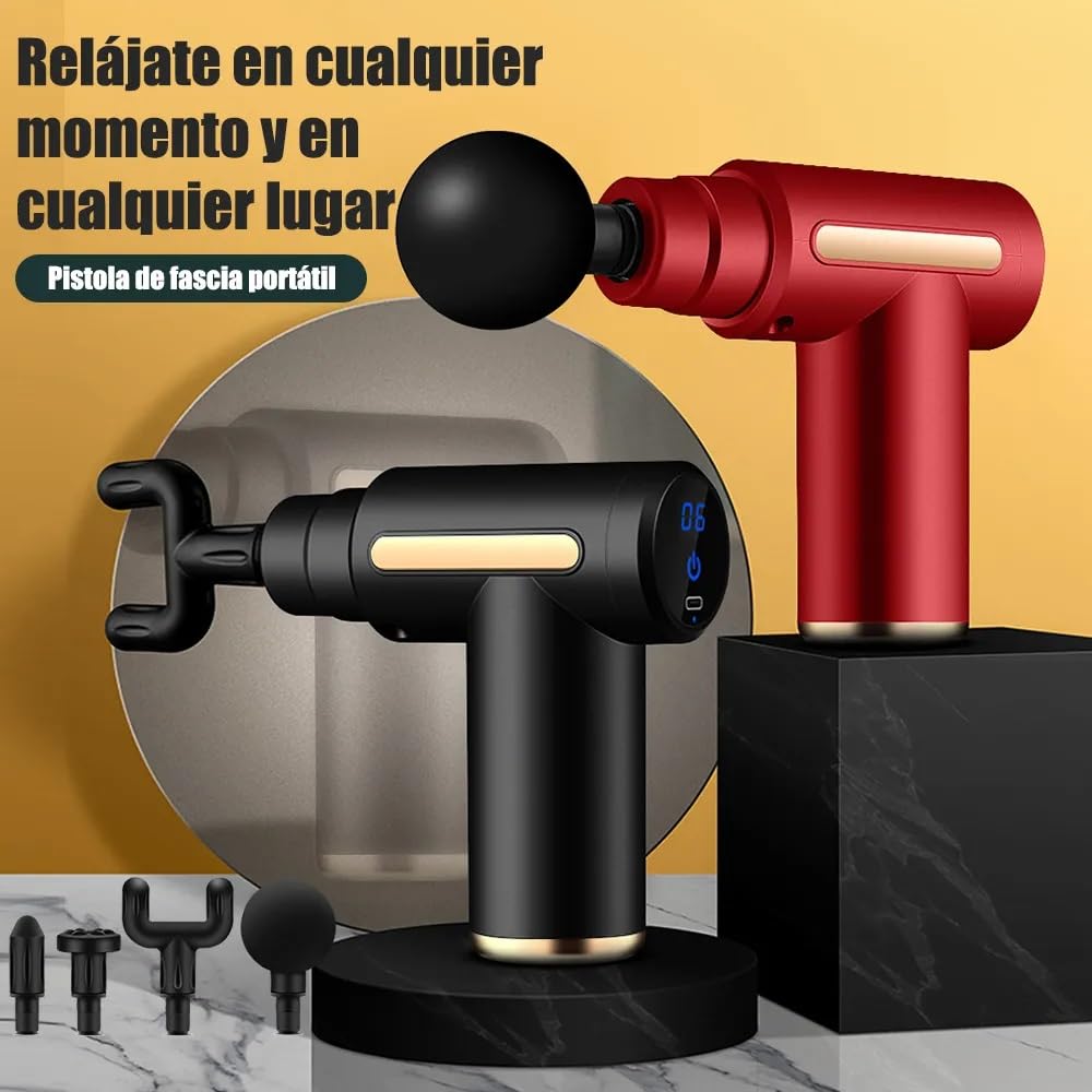 Pistola de Masaje Muscular con 4 Cabezas, Carga USB Masajeador Portatil Muscular, Mini Masajeador de 6 Velocidades Masaje Profesional para Musculos, Ligamentos y Tejidos (Negro-1)