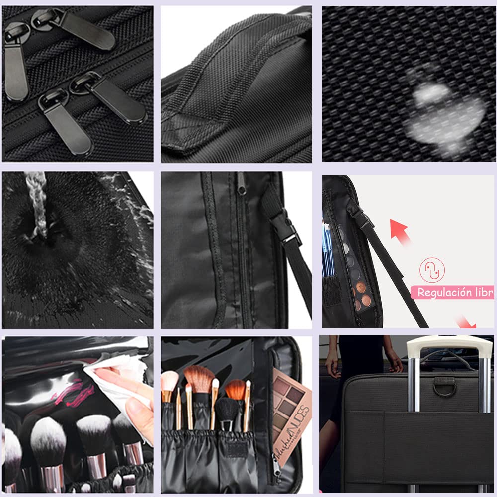 Bolsa de Maquillajede Viaje Estuche Organizador - Bolsa de Cosméticos Impermeable Portátil con Hombro Ajustable y Divisor Ajustable para Pinceles y Herramientas de Belleza (3 Layer, 40x29x13cm,Negro)
