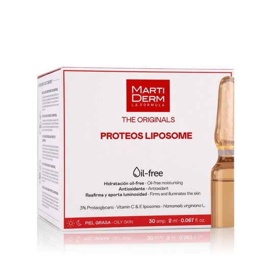 MartiDerm The Originals Proteos Liposome Ampolletas faciales hidratantes y antioxidantes. Solución facial con proteoglicanos + Vitamina C y E liposomadas. Formula sin aceite ideal para piel grasa - 30 ampolletas