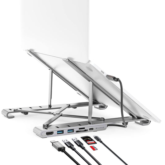 Hyper Drive - Soporte plegable para portátil (USB C, 7 en 1: HDMI 4K30Hz, USB-C 100 W, USB-C 5 Gbps, MicroSD/SD, 2 USB-A 5 Gbps, compatible con Chromebook, Windows PC, MacBook iPad Pro de 10 a 17 pulgadas
