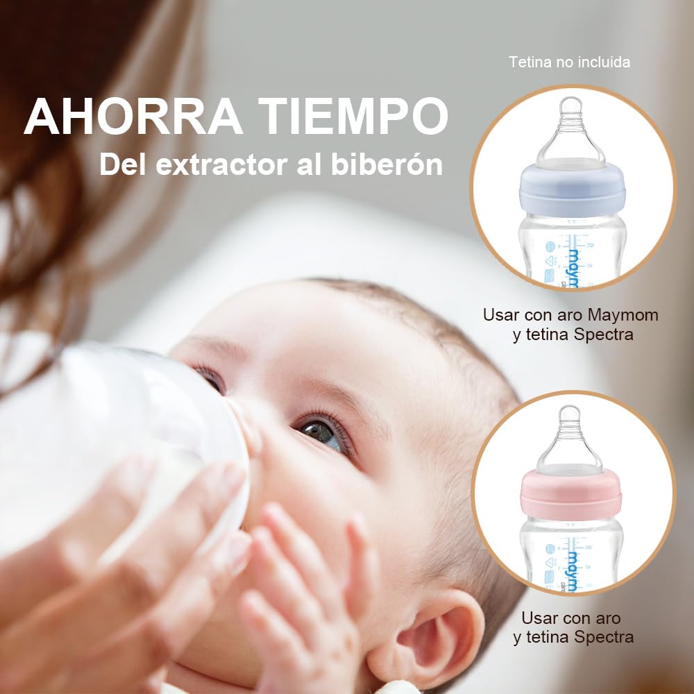 Maymom botella de boca ancha para recolección y almacenamiento de leche materna de 9 oz; disco SureSeal reescribible. Compatible con Spectra S2, Spectra S1, Spectra 9+ y extractores Avent