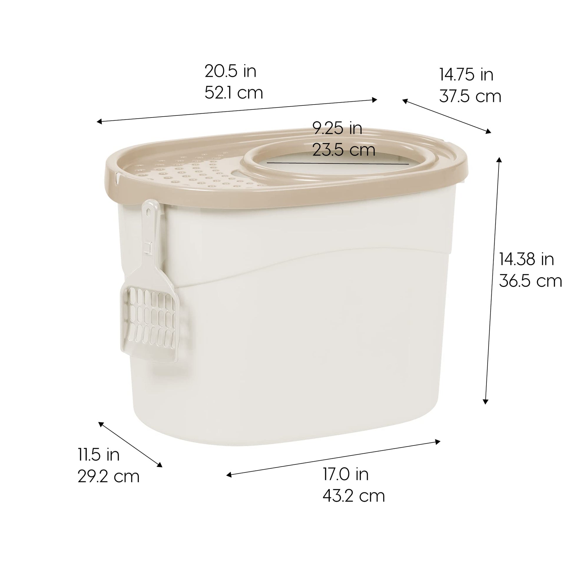 IRIS USA Caja de Arena para Gatos de Entrada Superior Redonda y Sencilla Grande con Pala, Bandeja de Arena Curva con Cubierta que Captura Partículas de Arena y Paredes de Privacidad, Blanco/Beige