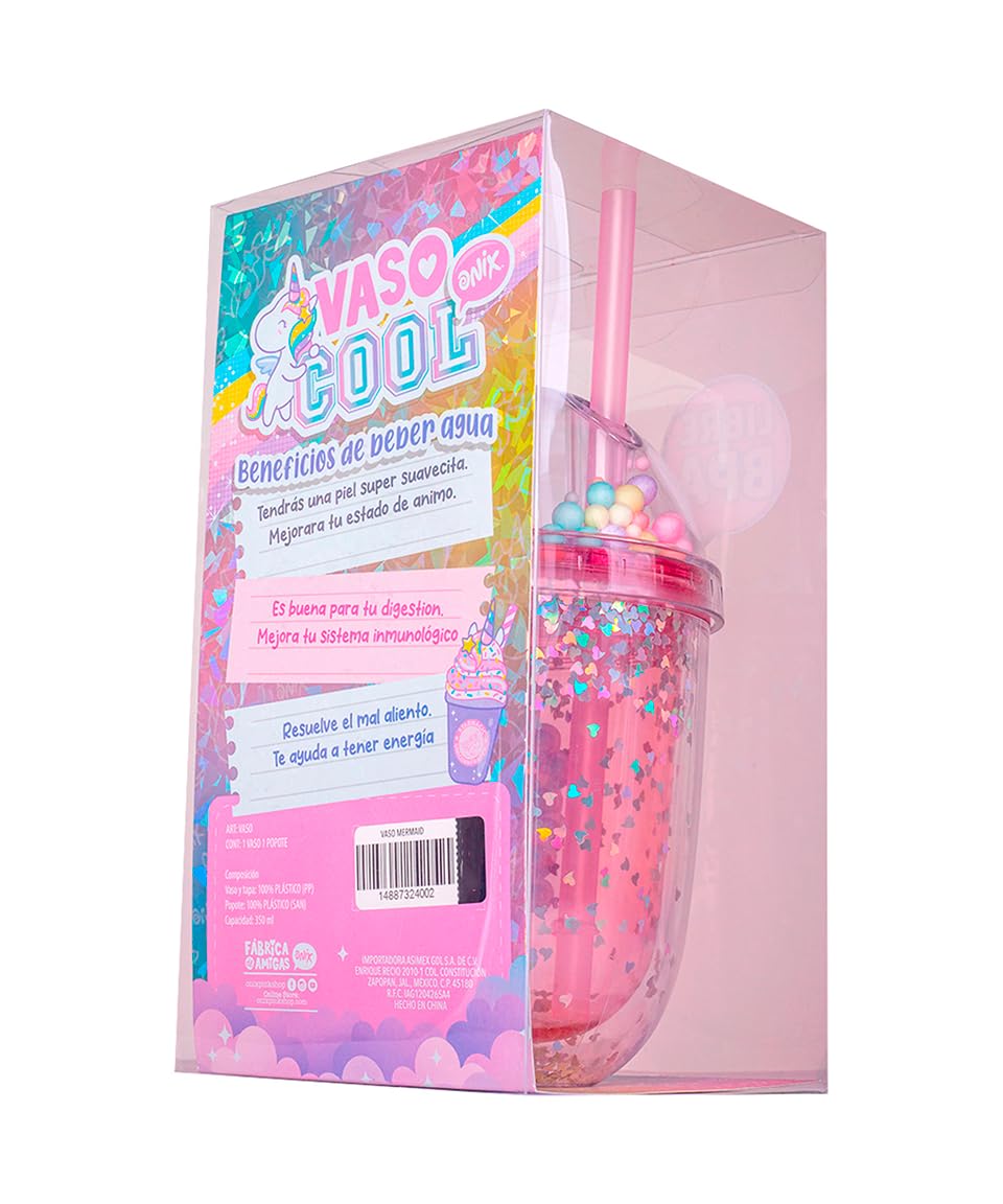 Vaso con Glitter Onix con tapa y popote, Unicornio Sirena