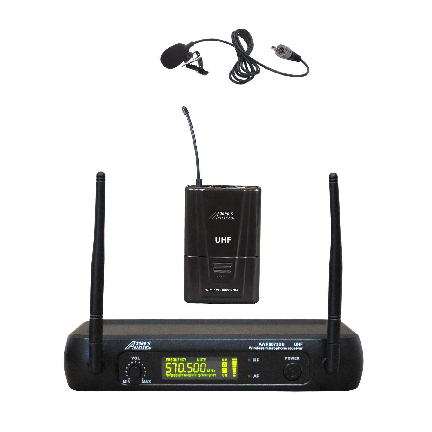Audio 2000S S6073M UHF - Micrófono Lavalier inalámbrico con transmisor, micrófono Lavalier y receptor inalámbrico