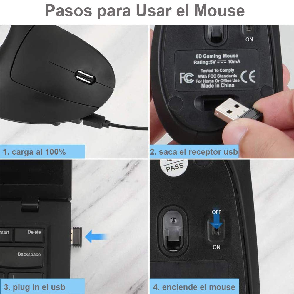 Mouse Ergonómico Inalámbrico Recargable Negro con Diseño de 6 Botones y 3 DPIs Ajustables