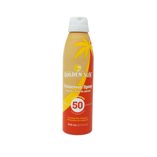 Golden Sun - Protector Solar en Aerosol 50+ FPS 240 ml. Fórmula enriquecida con Aloe Vera, Vitamina E y aceites esenciales de coco y cacao. Resistente al agua y al sudor, protege de los rayos UVA/UVB