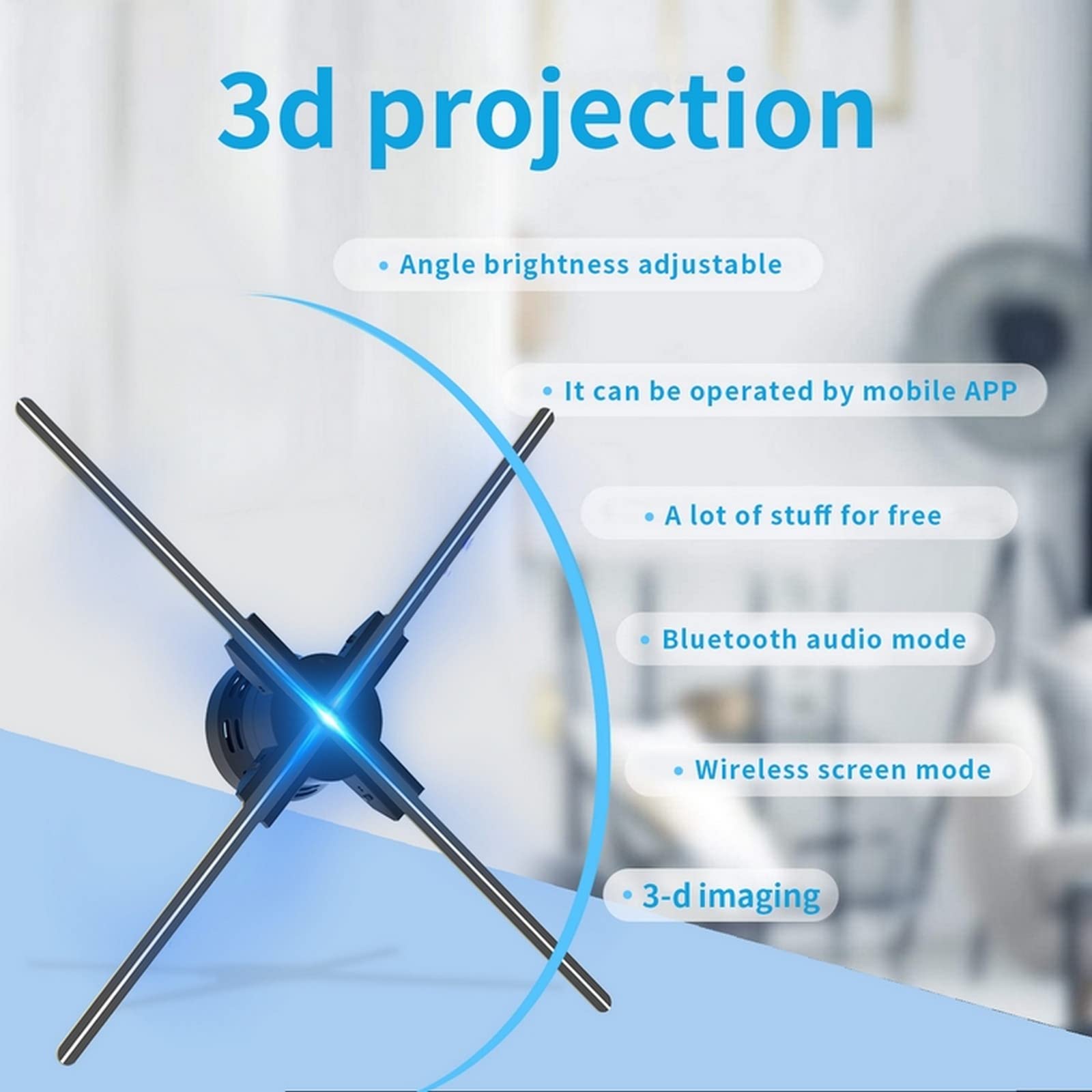 GIWOX - Ventilador LED con holograma 3D, proyector de video holográfico 3D, compatible con WiFi, aplicación de teléfono y tarjeta TF, holograma 3D, visualización de publicidad gráfica para