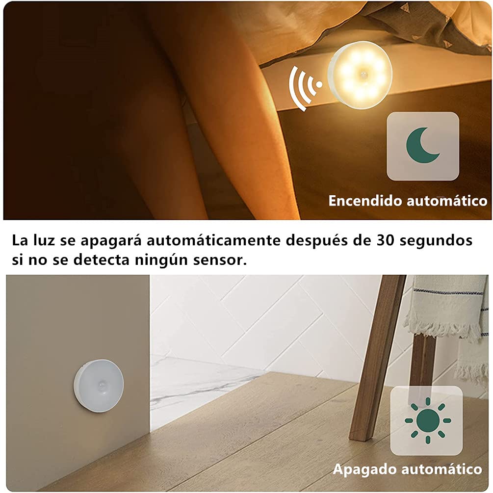 Luces de Noche LED Recargables Adhesivas Blanco Cálido con Sensor de Movimiento Paquete de 6